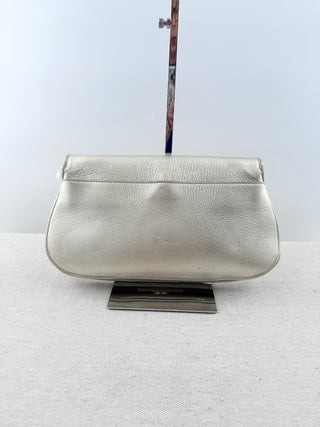 Tory Burch flap metallic leather clutch with logo