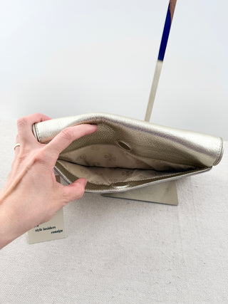 Tory Burch flap metallic leather clutch with logo