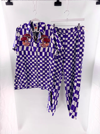 Farm Rio Blue Dream Checkered Short Sleeve Shirt & Pants Set, Shirt - M / Pants - L