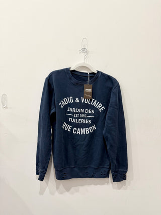 Zadig & Voltaire Rue Cambon Crew Neck Distressed Graphic Sweatshirt Navy/White M