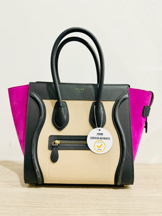 Celine Tri-Color Canvas and Calfskin Mini Luggage Tote Handbag Black/Beige/Pink