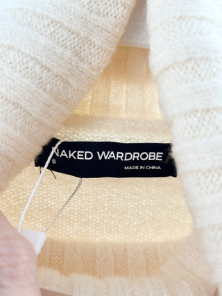 Naked Wardrobe knit turtleneck set featuring fitted ribbed sweater top with an oversized foldover neckline and matching high-waisted pleated knit mini skirt, S