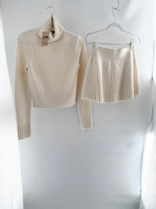 Naked Wardrobe knit turtleneck set featuring fitted ribbed sweater top with an oversized foldover neckline and matching high-waisted pleated knit mini skirt, S