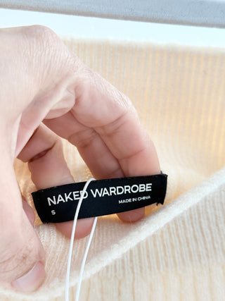 Naked Wardrobe knit turtleneck set featuring fitted ribbed sweater top with an oversized foldover neckline and matching high-waisted pleated knit mini skirt, S