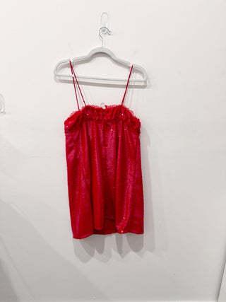 NWT Ganni Ruffle-Trimmed Sleeveless Sequined Crepe Mini Dress Red Womens Size 6