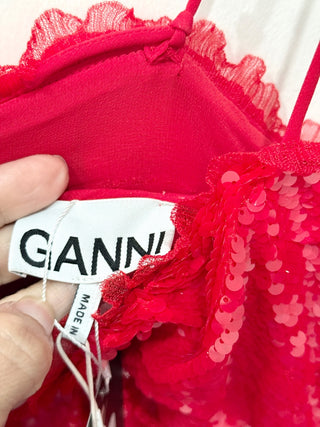 NWT Ganni Ruffle-Trimmed Sleeveless Sequined Crepe Mini Dress Red Womens Size 6