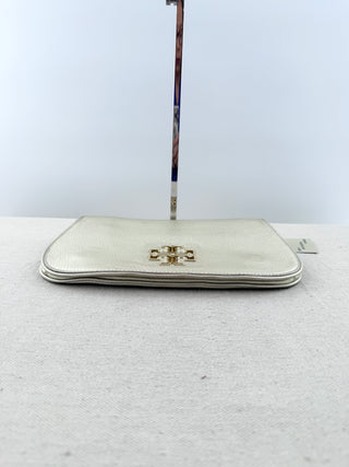 Tory Burch flap metallic leather clutch with logo