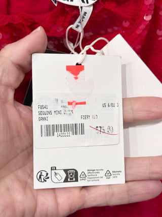 NWT Ganni Ruffle-Trimmed Sleeveless Sequined Crepe Mini Dress Red Womens Size 6