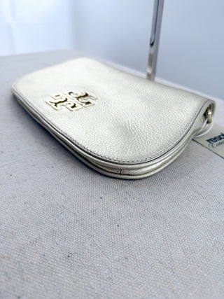 Tory Burch flap metallic leather clutch with logo