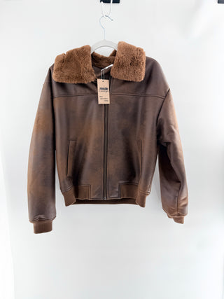 Tularosa faux leather aviator jacket featuring soft faux shearling collar, zip-front closure. front slip pockets, and ribbed hem and cuffs, S
