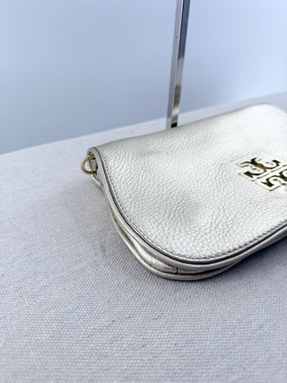 Tory Burch flap metallic leather clutch with logo