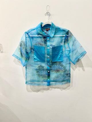 Staud organza printed button down shirt sheer, S