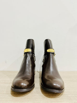 NWOT Michael Kors Arley Leather Ankle Western Boot with Gold-Tone Chocolate US 7