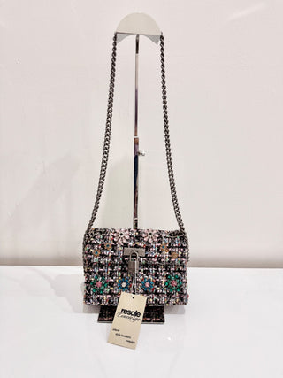 Kurt Geiger London Crystal Tweed Mini Brixton Lock Chain Strap Shoulder Bag Pink