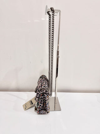 Kurt Geiger London Crystal Tweed Mini Brixton Lock Chain Strap Shoulder Bag Pink