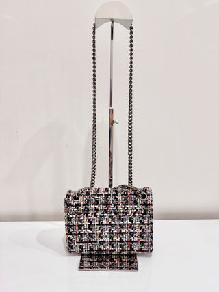 Kurt Geiger London Crystal Tweed Mini Brixton Lock Chain Strap Shoulder Bag Pink