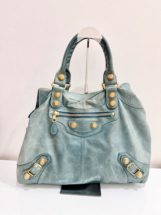 Balenciaga Classic Gold Studs Large Leather Shoulder Handbag Turquoise