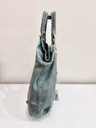 Balenciaga Classic Gold Studs Large Leather Shoulder Handbag Turquoise