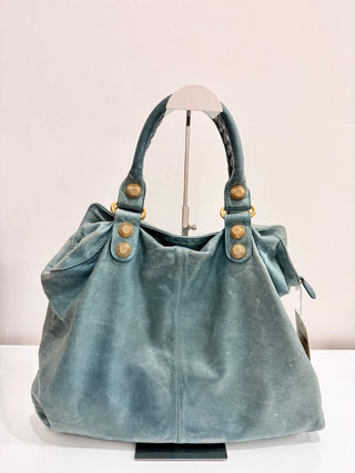 Balenciaga Classic Gold Studs Large Leather Shoulder Handbag Turquoise