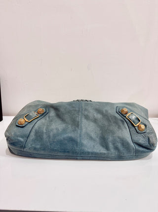 Balenciaga Classic Gold Studs Large Leather Shoulder Handbag Turquoise