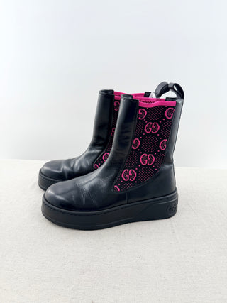 Gucci chunky sole leather ankle boots with jersey knit, 37