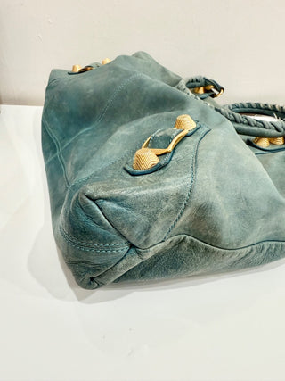 Balenciaga Classic Gold Studs Large Leather Shoulder Handbag Turquoise
