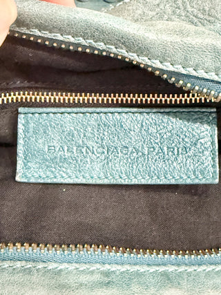 Balenciaga Classic Gold Studs Large Leather Shoulder Handbag Turquoise