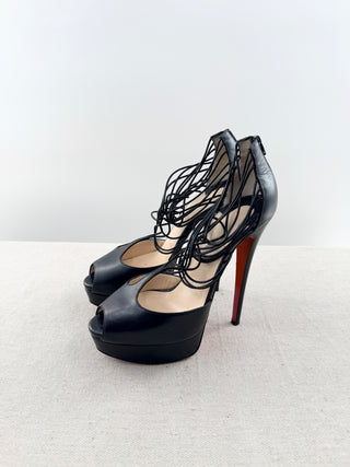 Christian Louboutin leather peep toe platform shoes with thin leather straps, 37
