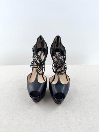 Christian Louboutin leather peep toe platform shoes with thin leather straps, 37