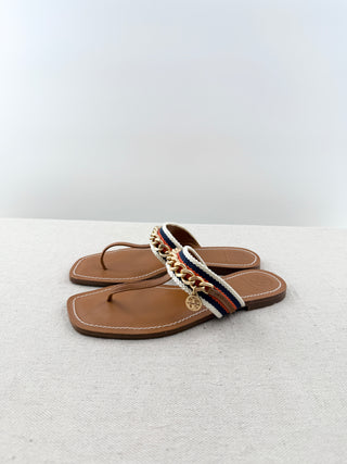 Tory Burch thong leather sandals wth canvas and chain detail, 6.5