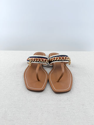 Tory Burch thong leather sandals wth canvas and chain detail, 6.5