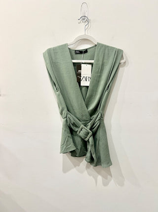 Zara Very Short Green Sleeveless Top, S