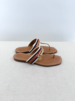 Tory Burch thong leather sandals wth canvas and chain detail, 6.5