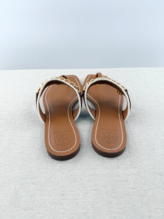 Tory Burch thong leather sandals wth canvas and chain detail, 6.5