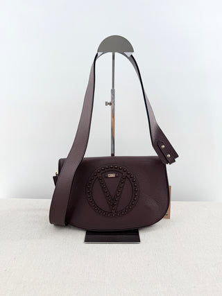Valentino by Mario Valentino leather flap bag with studded logo and shoulder strap