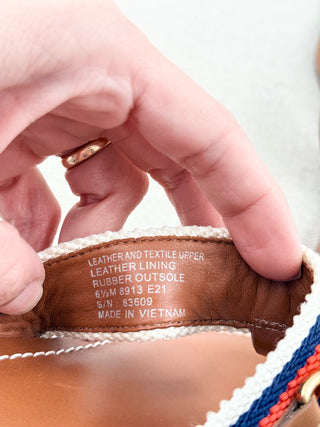 Tory Burch thong leather sandals wth canvas and chain detail, 6.5