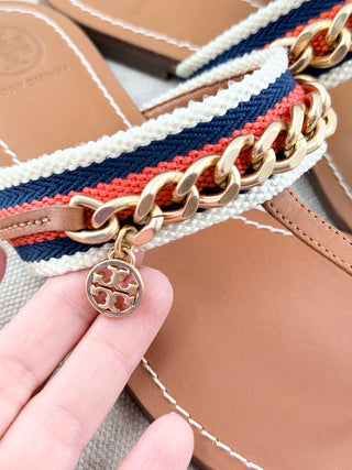 Tory Burch thong leather sandals wth canvas and chain detail, 6.5