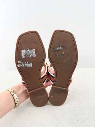 Tory Burch thong leather sandals wth canvas and chain detail, 6.5