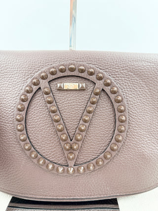 Valentino by Mario Valentino leather flap bag with studded logo and shoulder strap