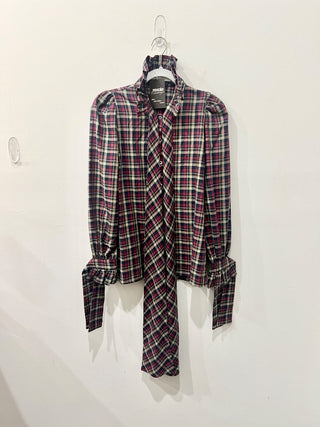 Paris 64 Louise Check Long Sleeve Ruffle Shirt Red/Blue/Beige Women's Size Small