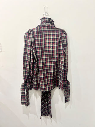 Paris 64 Louise Check Long Sleeve Ruffle Shirt Red/Blue/Beige Women's Size Small