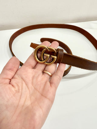 Gucci Leather GG Marmont Gold Buckle Thin Waist Belt Brown Women's Large