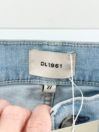 NWT DL1961 Mara Slim-Straight Denim Jeans w/ Tattered Hems Light Blue Women's 27