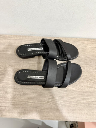 Manolo Blahnik Serrato Calf Leather Slides Flat Sandals Black Women's 35 / US 5