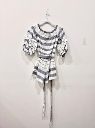 Alexis Striped Off-the-Shoulder Belted Short Romper Gray/White Women's Size S