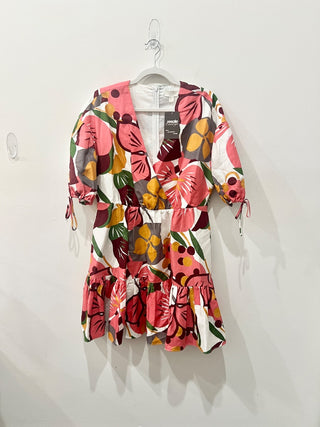 Ted Baker Rhitaa Floral Linen-Blend Tiered Mini Dress White/Pink/Green Women's 5