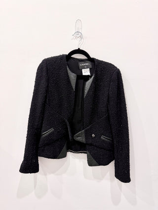Chanel Long Sleeve Tweed Blazer Jacket w/ Leather Trim Black Womens Size 38/US 6