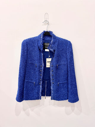 Vintage Chanel Tweed Open Front Blazer w/ Gunmetal Hardware Blue Womens 36/US 4