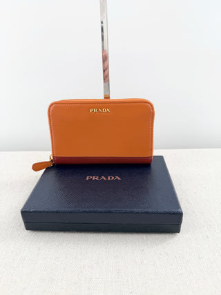 Prada saffiano leather bi color zip up wallet medium size