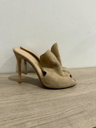 Gianvito Rossi Suede Slip On Peep Toe Stilettos Mule Beige Women's Size EU 37